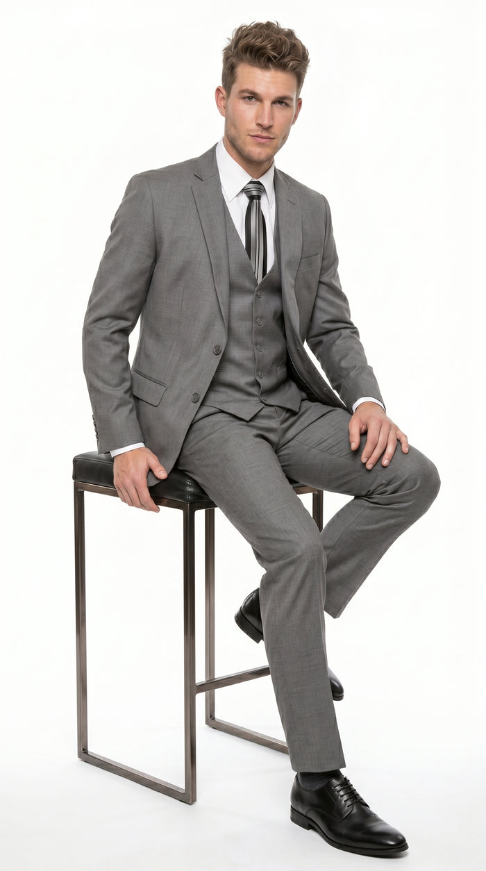 Men’s Gray 3 Piece Vested Suit with 2 Button Jacket and Peak Lapel, Formal Wedding Business Suit