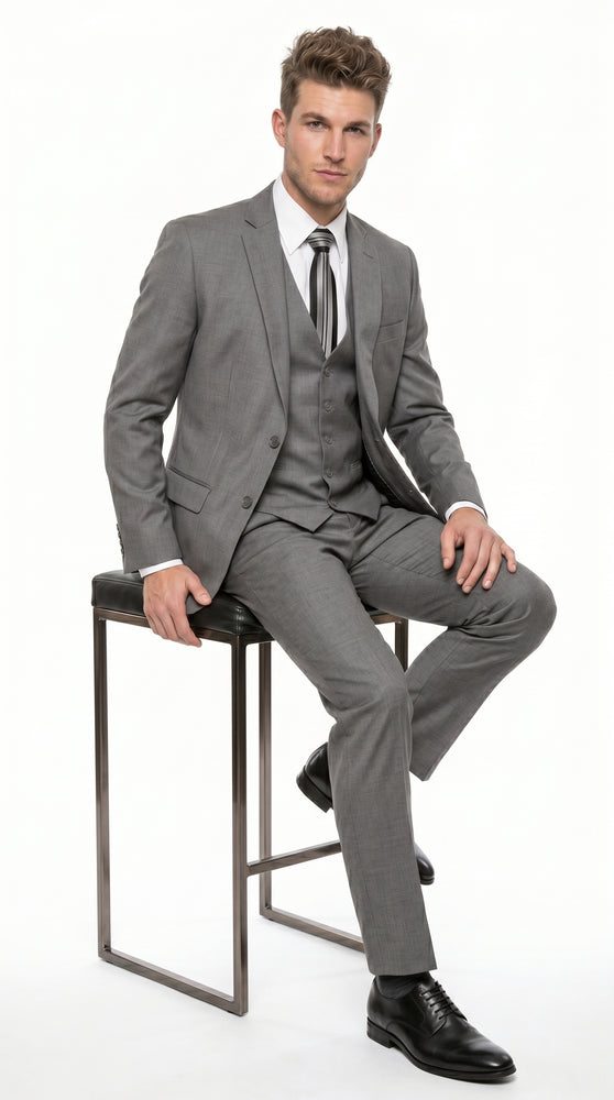 Men’s Gray 3 Piece Vested Suit with 2 Button Jacket and Peak Lapel, Formal Wedding Business Suit