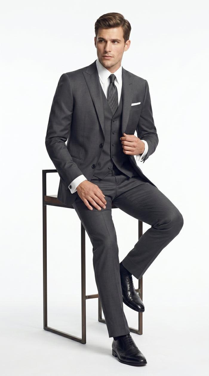 Men’s Dark Grey 3 Piece Vested Suit with 2 Button Jacket and Peak Lapel, Formal Wedding Business Suit