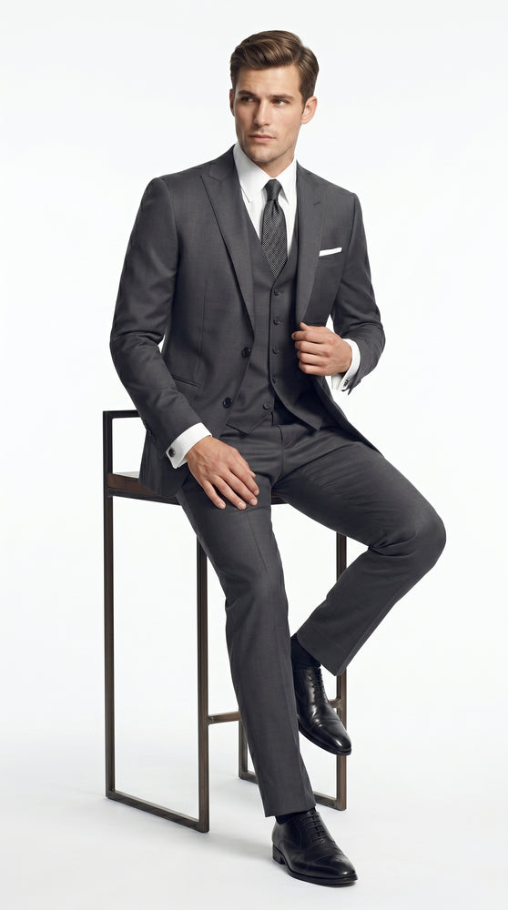 Men’s Dark Grey 3 Piece Vested Suit with 2 Button Jacket and Peak Lapel, Formal Wedding Business Suit