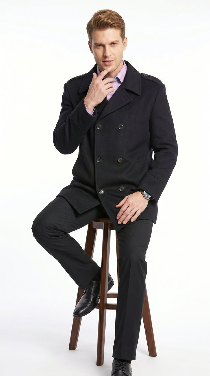 Men’s Black Wool Blend Double Breasted Peacoat, Designer Style Winter Dress Coat