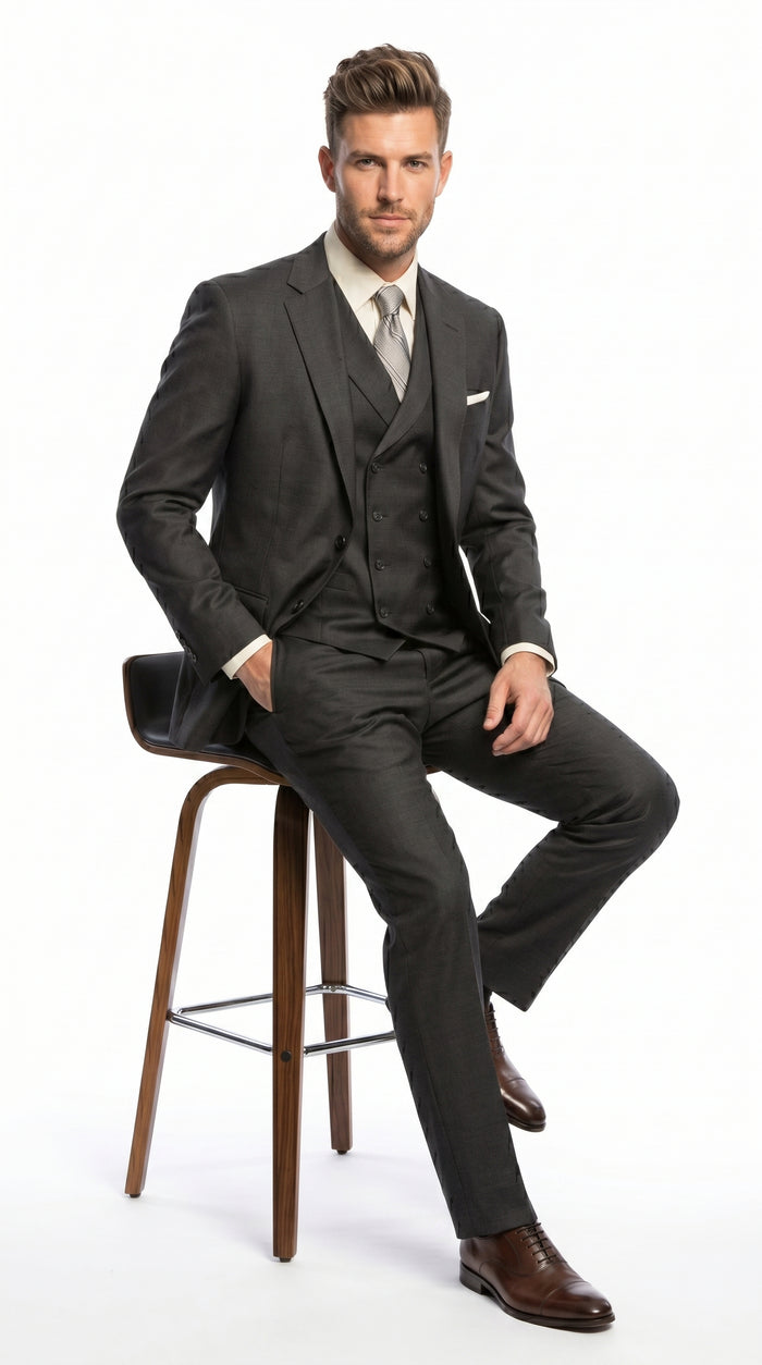 Men’s Urban Gray 3 Piece Suit with Double Breasted Vest and Pleated Pants, Formal Dress Suit