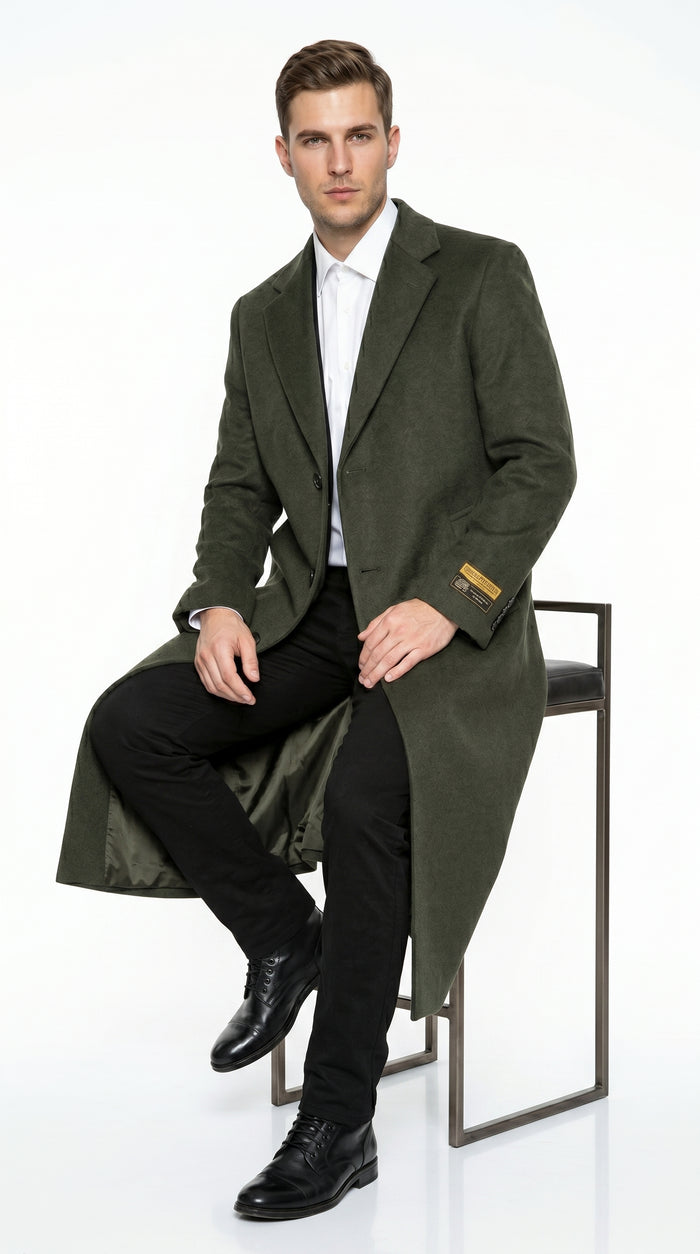 Men’s Olive Green Full Length Wool Blend Topcoat, Long Dress Overcoat for Winter Formal Wear