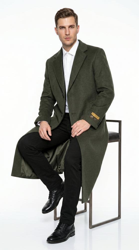 Men’s Olive Green Full Length Wool Blend Topcoat, Long Dress Overcoat for Winter Formal Wear