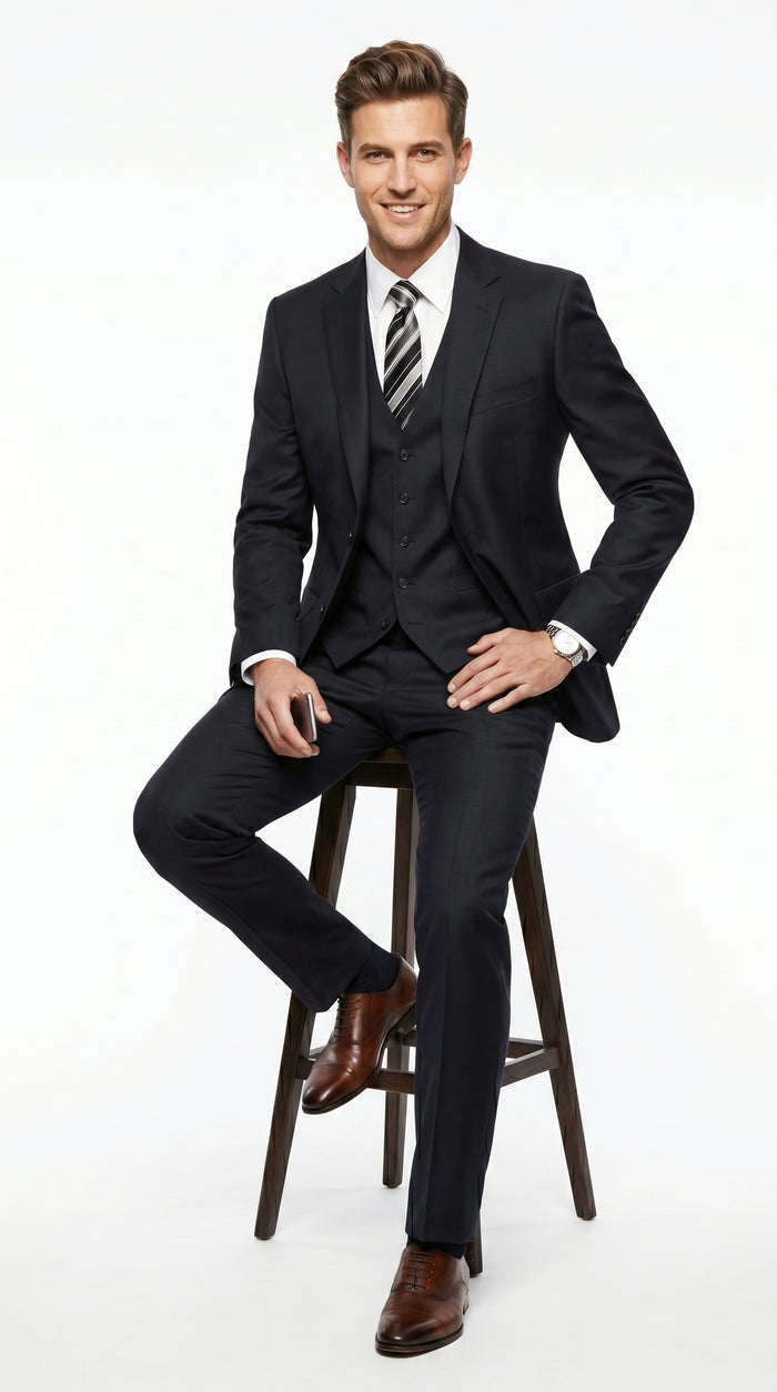 Men’s Black 3 Piece Suit with 2 Button Jacket, Vested Peak Lapel Formal Dress Suit