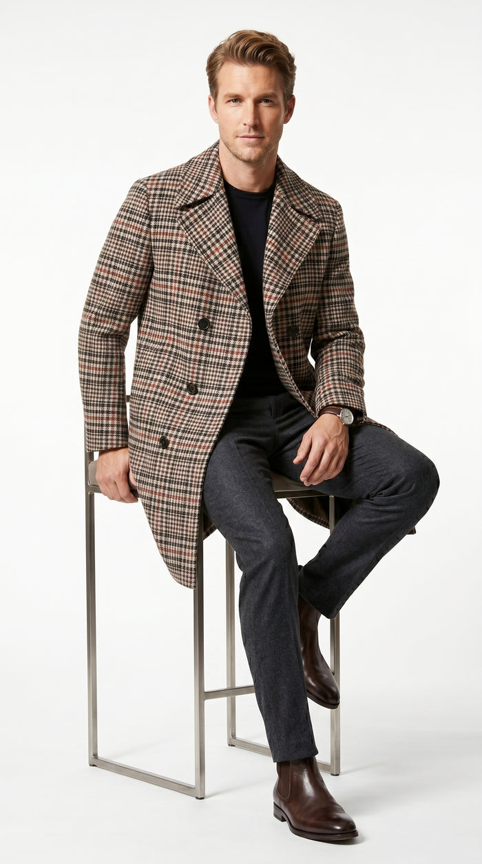 Men’s Cream Black and Red Plaid Wool Blend Peacoat, Checkered Double Breasted Winter Coat