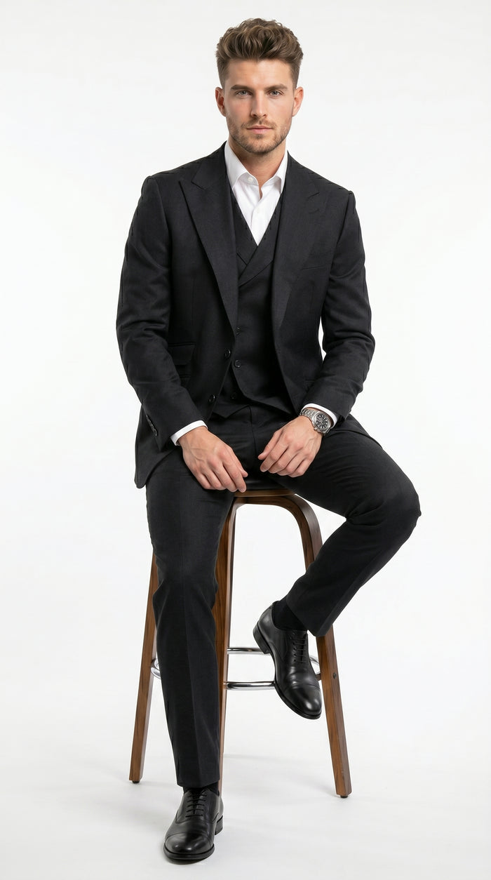 Men’s Black Classic Fit 3 Piece Suit with Double Breasted Vest and Pleated Pants