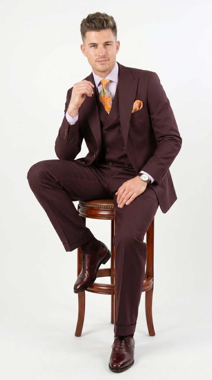 Men’s Burgundy Maroon 3 Piece Suit with Double Breasted Vest and Pleated Pants