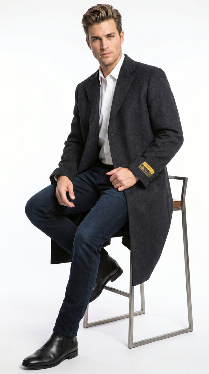 Men’s Charcoal Full Length Wool Dress Topcoat, Formal Winter Overcoat for Men