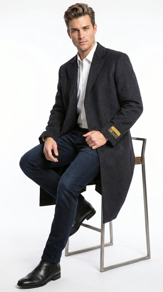 Men’s Charcoal Full Length Wool Dress Topcoat, Formal Winter Overcoat for Men