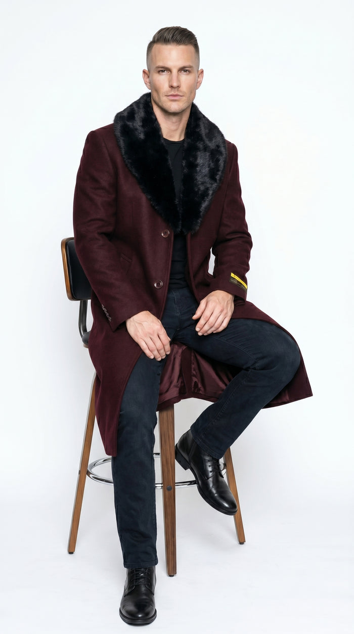 Men’s Burgundy Big and Tall Long Overcoat with Black Fur Style Collar, Winter Dress Topcoat up to Size 68