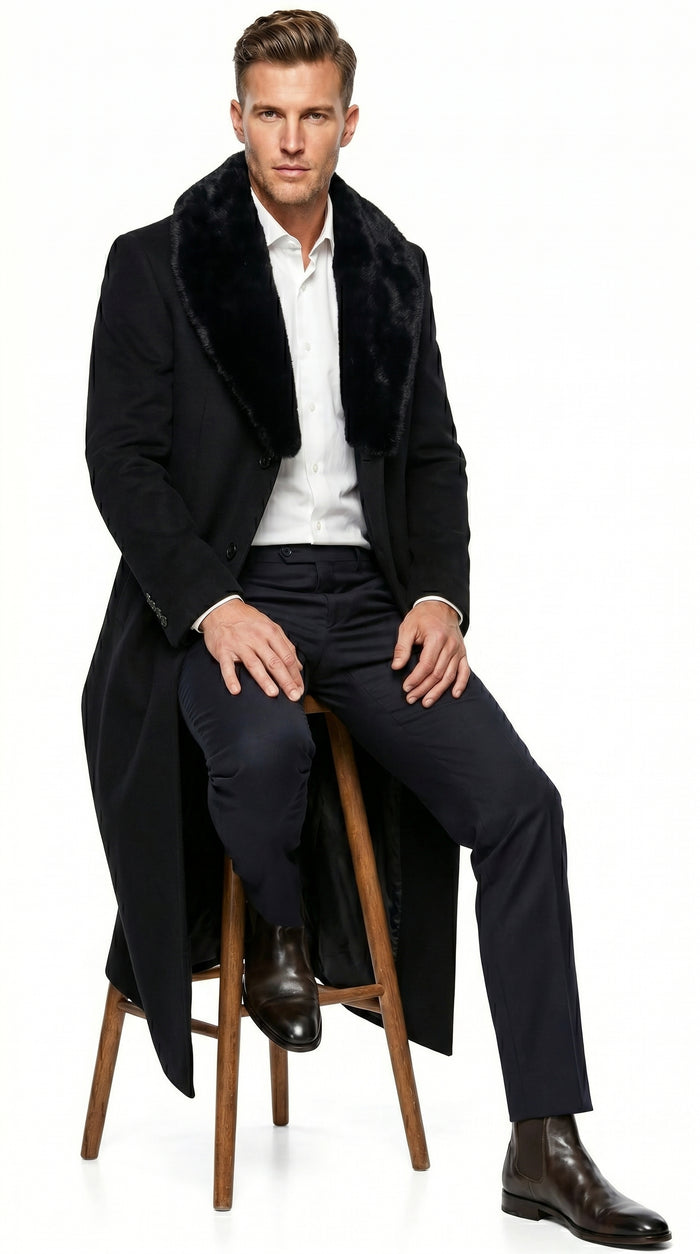 Men’s Black Cashmere Blend Full Length Overcoat with Fur Style Collar, Winter Dress Coat
