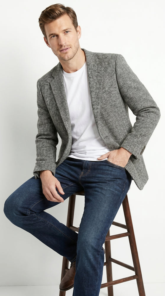 Men’s Grey Harris Tweed Herringbone Sport Coat, Classic Dress Casual Blazer Jacket
