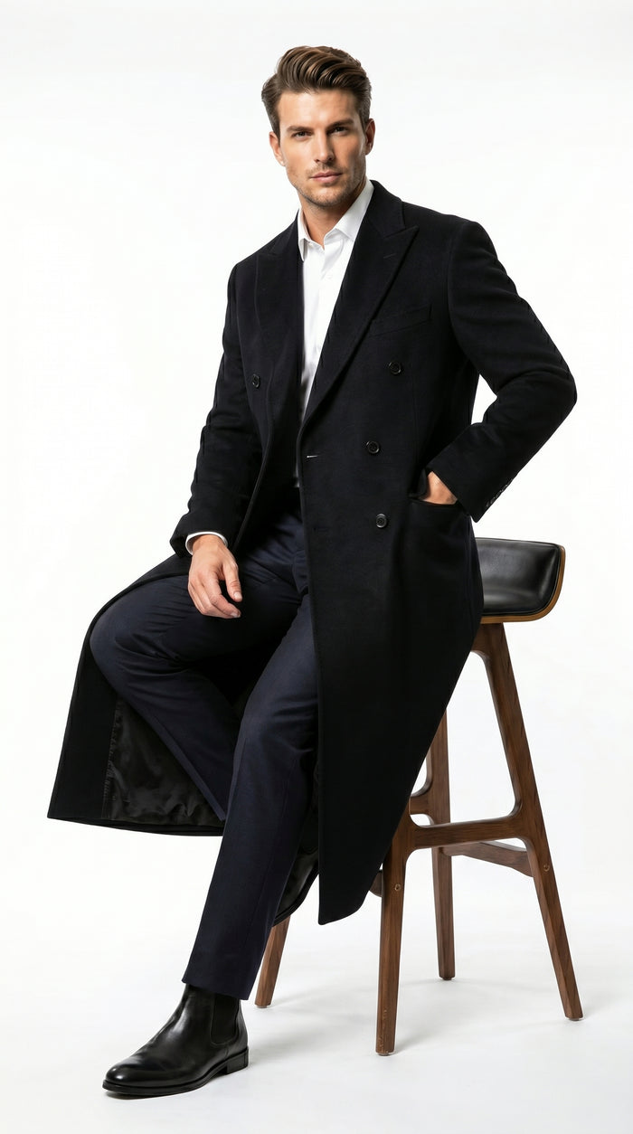 Men’s Black Cashmere Blend Full Length Overcoat, Double Breasted Winter Dress Coat