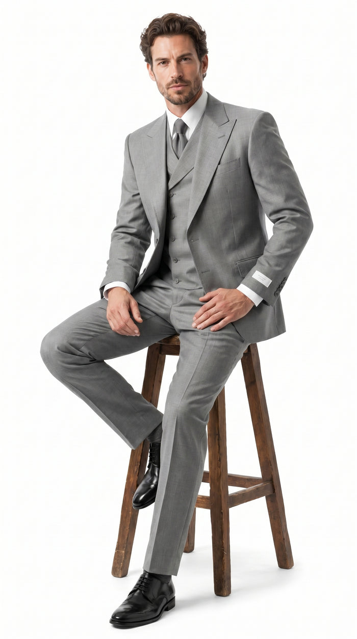 Men’s Grey 1920s Style 3 Piece Suit with Double Breasted Slanted Vest, Peak Lapel & Pleated Wide Leg Pants