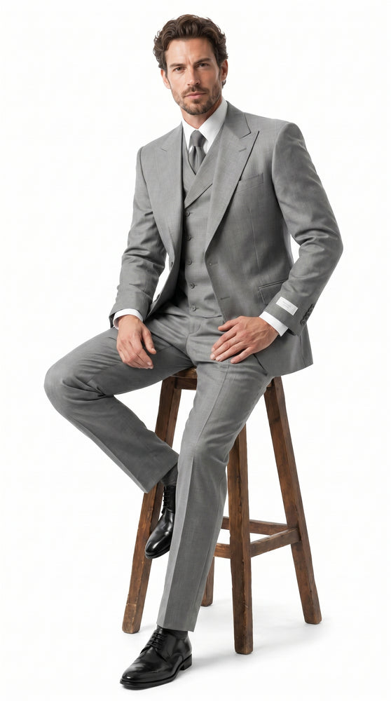 Men’s Grey 1920s Style 3 Piece Suit with Double Breasted Slanted Vest, Peak Lapel & Pleated Wide Leg Pants