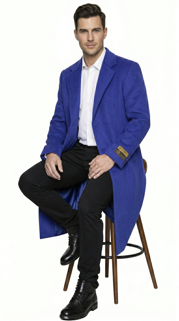 Men’s Royal Blue Full Length Overcoat Big and Tall Wool Blend Dress Topcoat Winter Coat 4XL 5XL 6XL