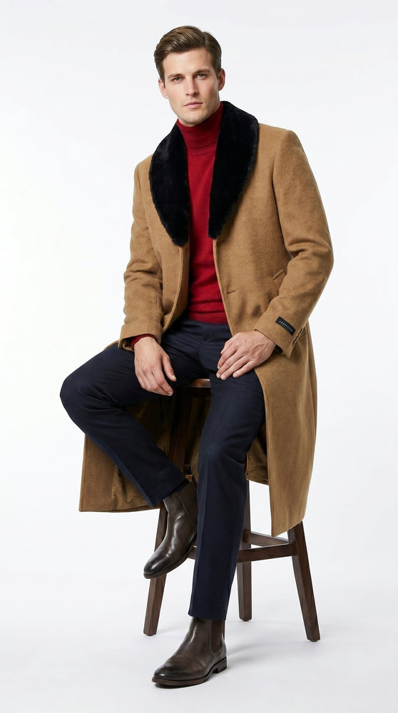 Men’s Camel Big and Tall Long Overcoat with Black Fur Style Collar, Winter Dress Topcoat up to Size 68