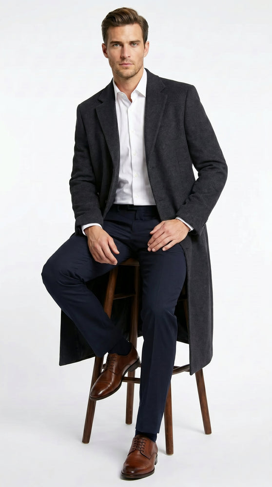 Men’s Black Cashmere Blend Full Length Overcoat, Classic Winter Dress Topcoat