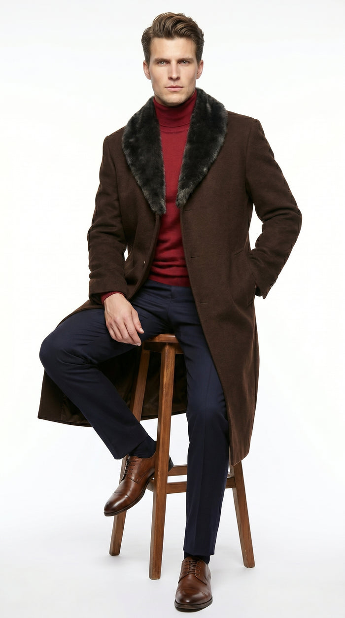 Men’s Brown Big and Tall Long Overcoat with Black Fur Style Collar, Winter Dress Topcoat up to Size 68