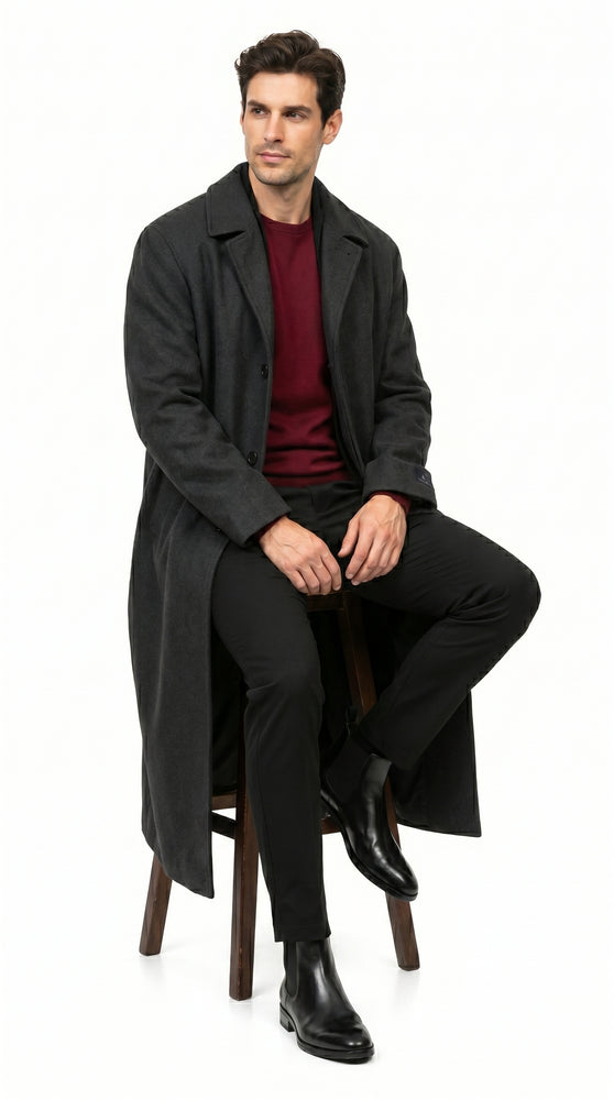 Men’s Charcoal 3 Button Long Wool Blend Dress Coat, Full Length Formal Winter Overcoat