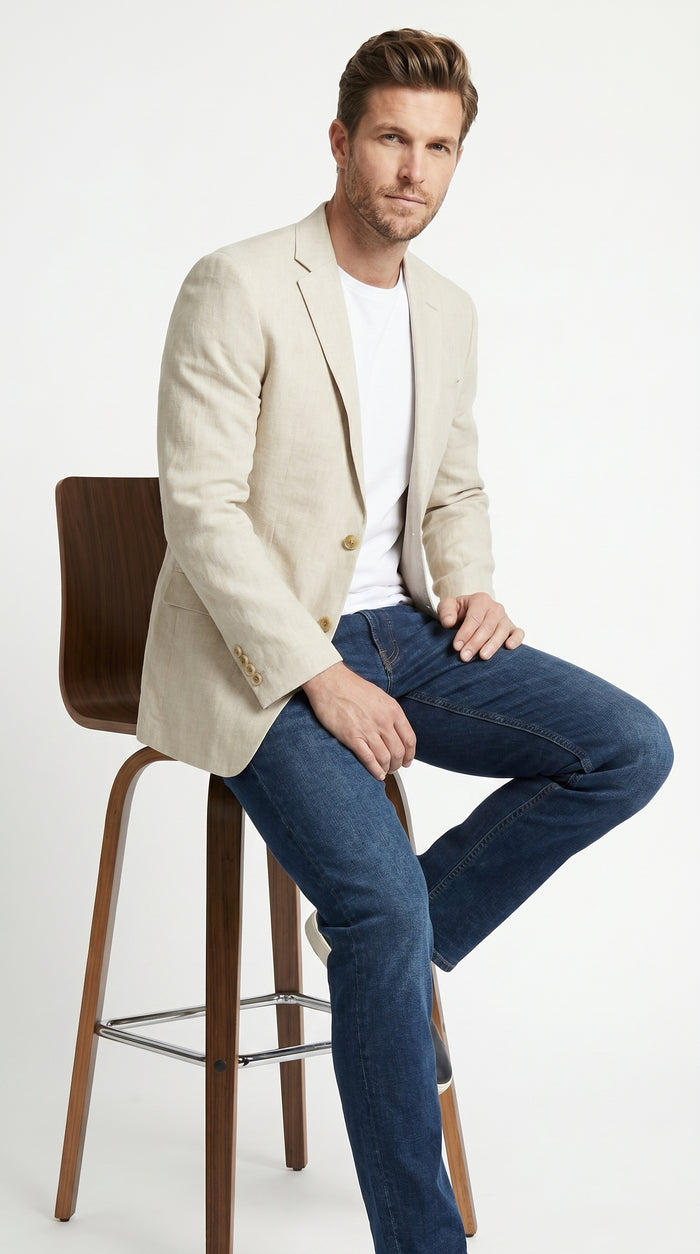 Men’s Cream Linen Blazer Big and Tall, Lightweight Summer Sport Coat for Dress Casual Wear