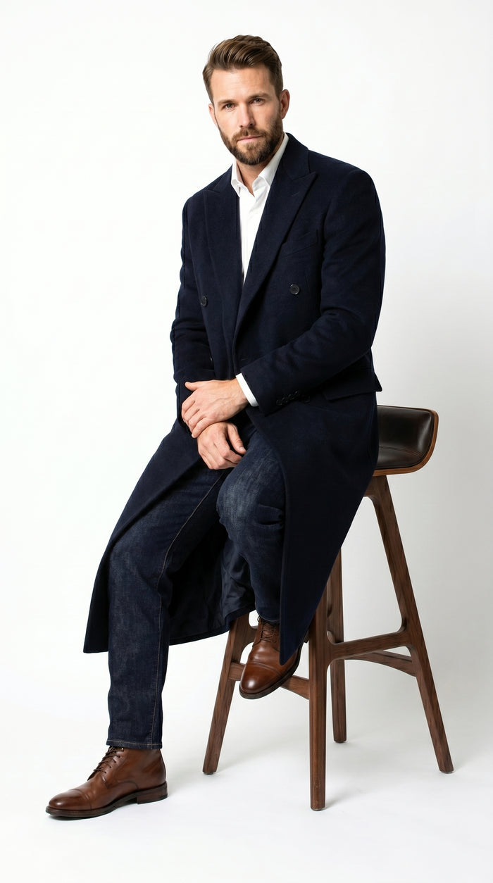 Men’s Black Cashmere Blend Full Length Overcoat, Double Breasted Winter Dress Topcoat