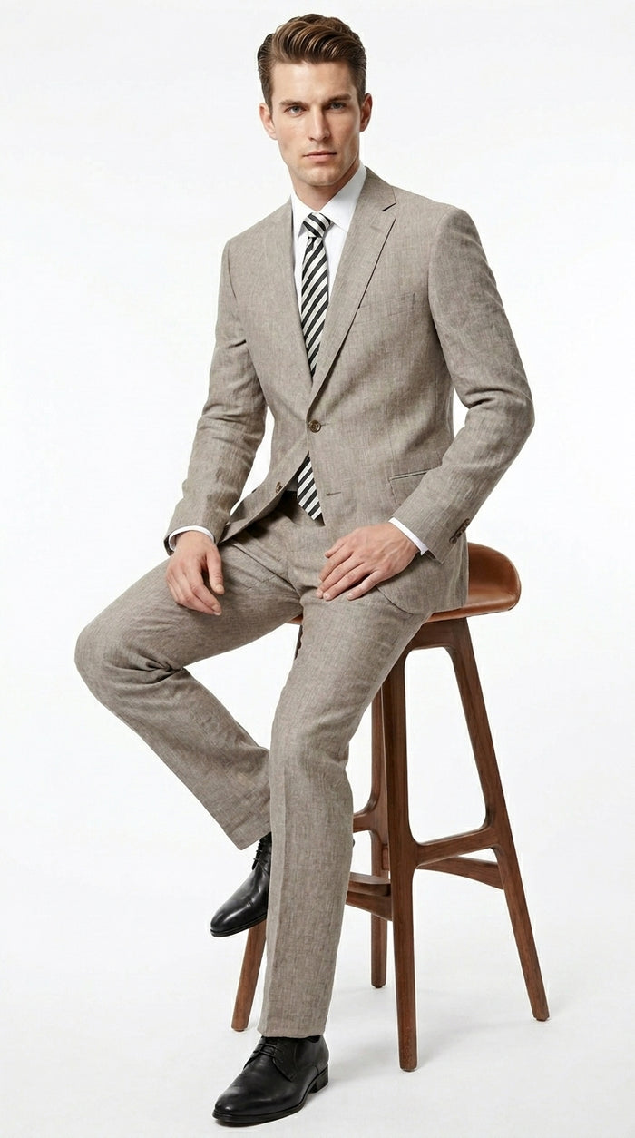 Men’s Dark Tan Taupe 100% Linen Suit with 2 Button Jacket and Flat Front Pants