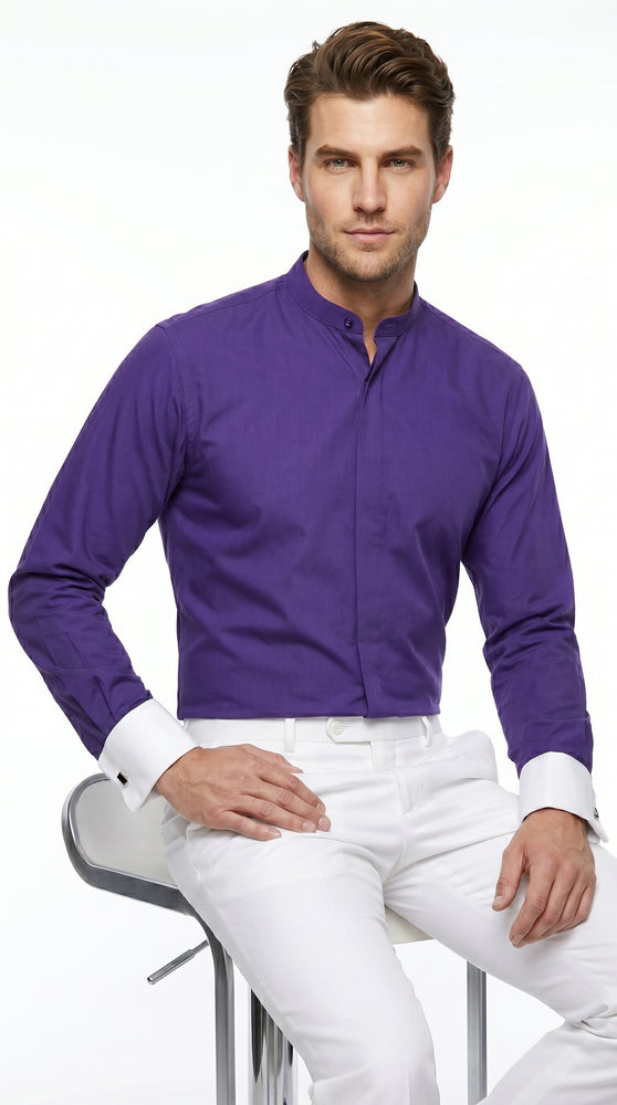 Men’s Mandarin Collarless Dress Shirt with French Cuffs, Preacher Round Collar Formal Shirt