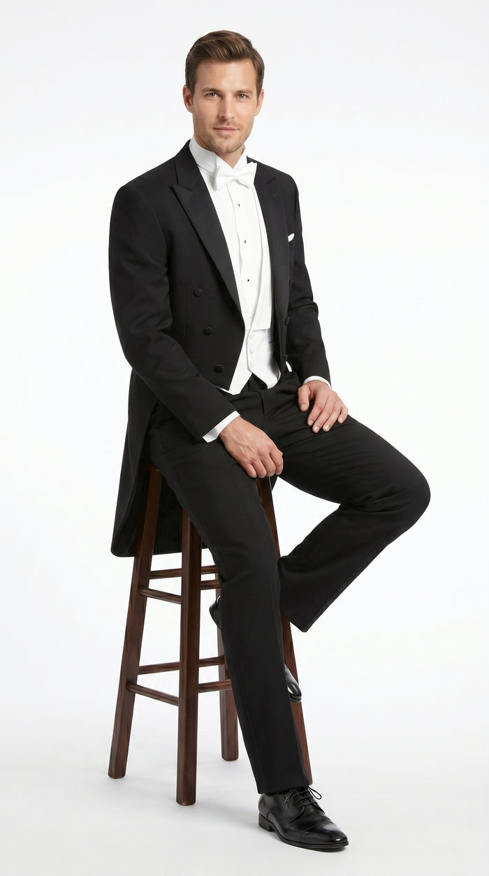 Men’s Black Tailcoat Tuxedo Jacket with Notch Collar, 6 Button Formal Tail Suit