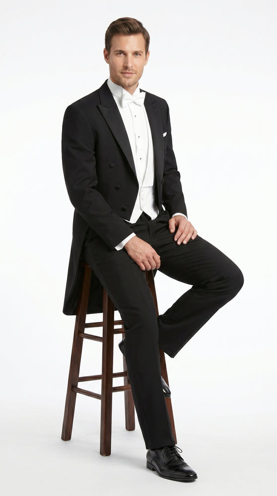 Men’s Black Tailcoat Tuxedo Jacket with Notch Collar, 6 Button Formal Tail Suit