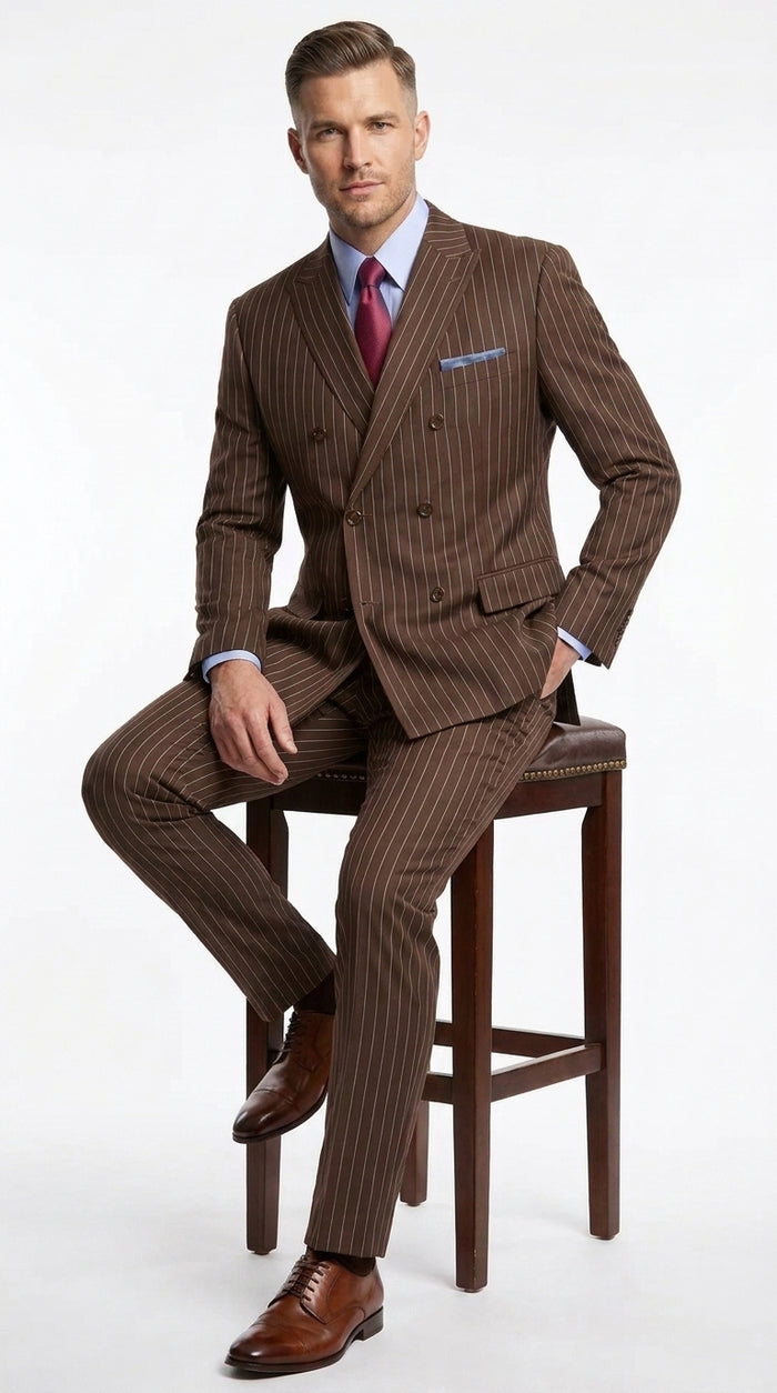Rockefeller Collection Men’s Brown Double Breasted Pinstripe Suit, Regular Fit 2 Piece Formal Business Suit Set