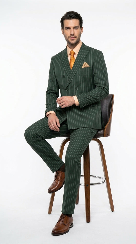 Rockefeller Collection Men’s Hunter Green Double Breasted Pinstripe Suit, Regular Fit 2 Piece Formal Business Suit Set