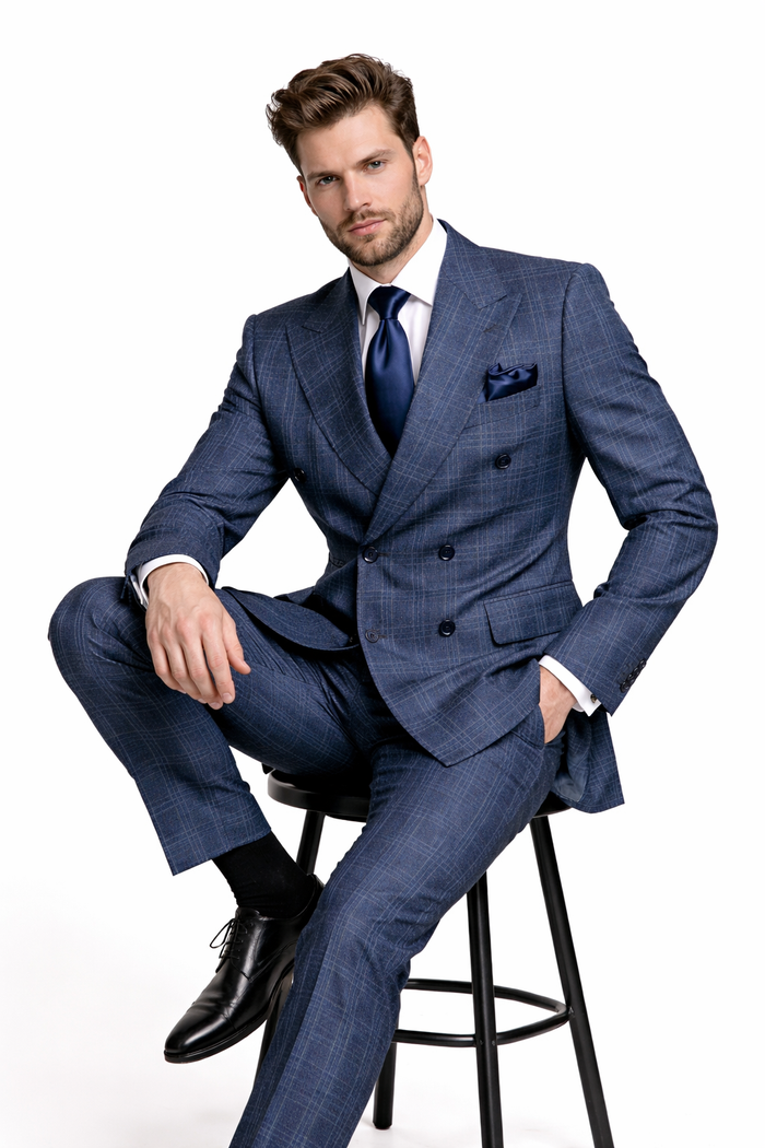 Mens Rossiman Blue Plaid Double Breasted Suit – Modern 6-Button Tailored Fit