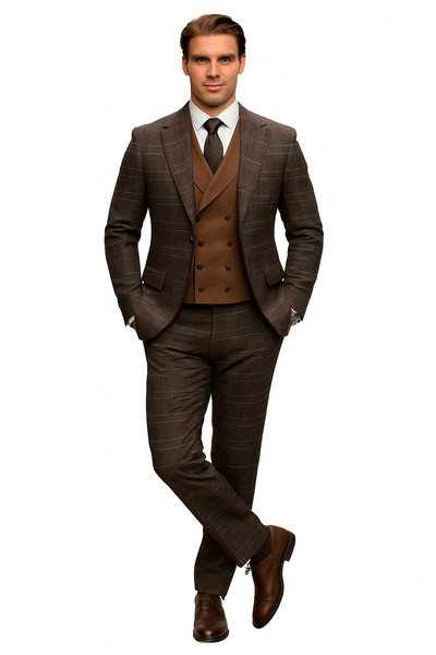 Athletic Suit - Brown Windowpane - Plaid Suit Modern Fit Side Vented Super 150's Wool Fabric