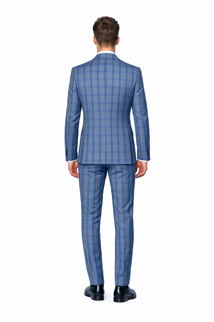 Royal Blue Windowpane 3-Piece Modern Tailored Suit by Rossiman