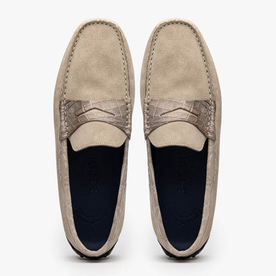 Zelli Monza Suede and Genuine Crocodile Driving Loafers in Sand