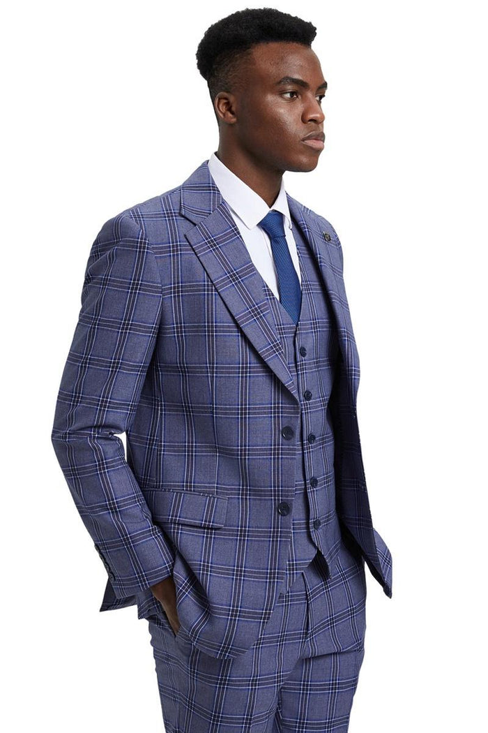 Men's Stacy Adams Two Button Vested Glen Plaid Check Suit in Light Purple Lavender