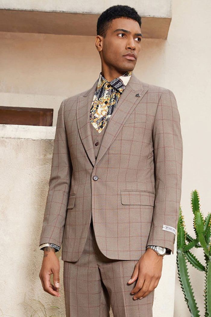 Light Brown Windowpane Hybrid Fit Suit by Stacy Adams - Wedding - Prom