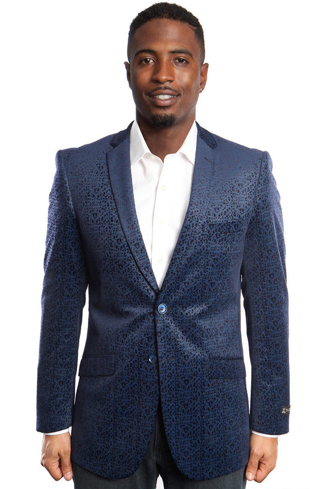 Men's Navy Blue Velvet Paisley Blazer from Tazzio Suits
