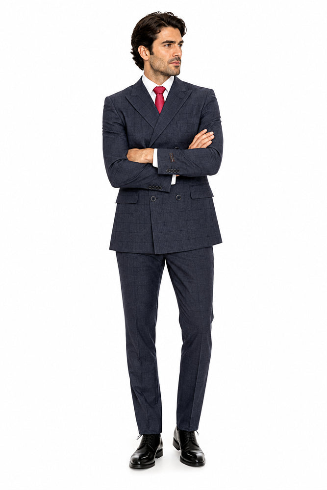 Navy 6 Buttons Double Breasted Suits 3 Piece Classic Fit Suit