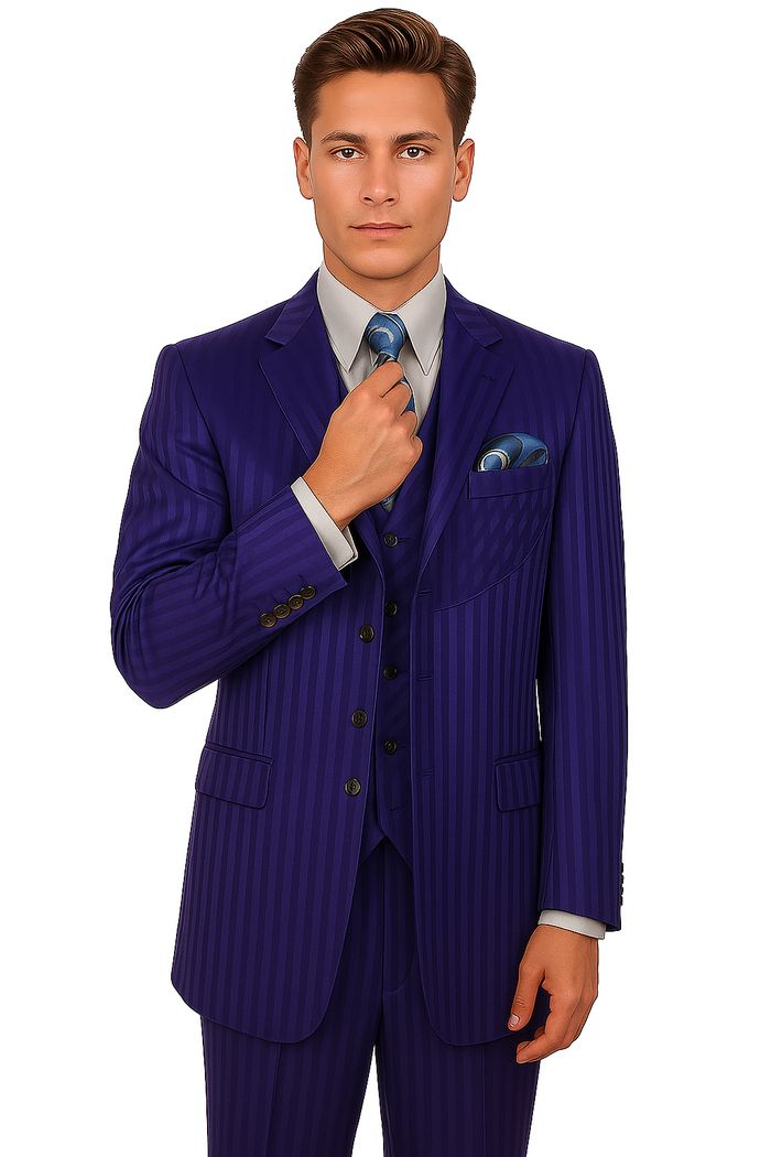 "Navy Blue Men's Shiny Tonal Stripe Fashion Suit - 4 Button Semi Wide Leg"