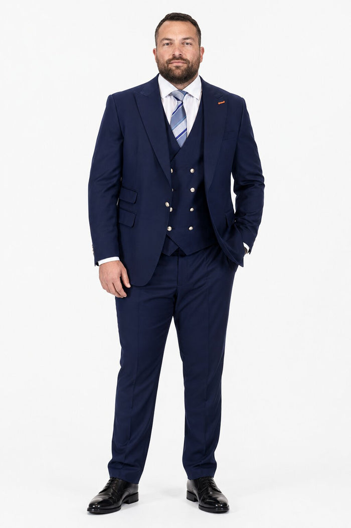 Men's Navy Statement Ticket Pocket Peak Lapel Wool Double Breasted Vest Suit with Silver Buttons – Modern Fit