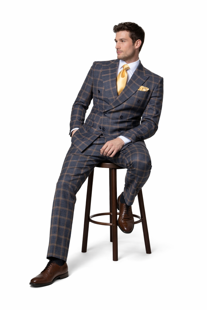 Highland Navy Camel Check Double-Breasted 3-Piece Suit