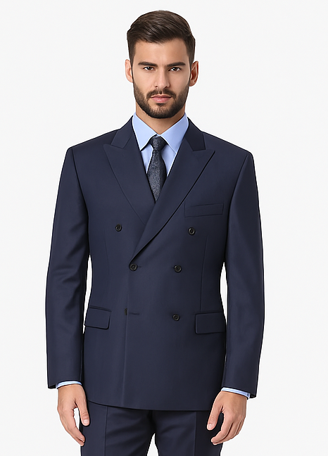 Navy Double Breasted Suits peak lapel wool front With Side Vent Jacket Pleated Pants suit