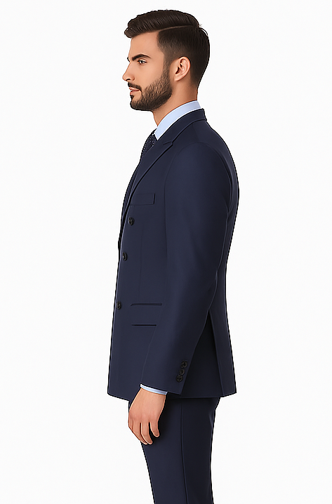 Navy Double Breasted Suits peak lapel wool front With Side Vent Jacket Pleated Pants suit