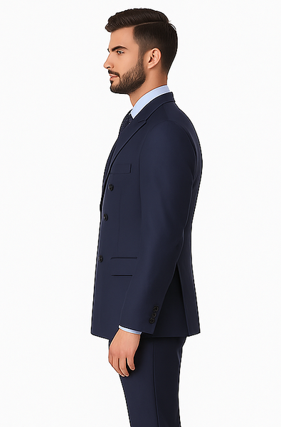Navy Double Breasted Suits peak lapel wool front With Side Vent Jacket Pleated Pants suit