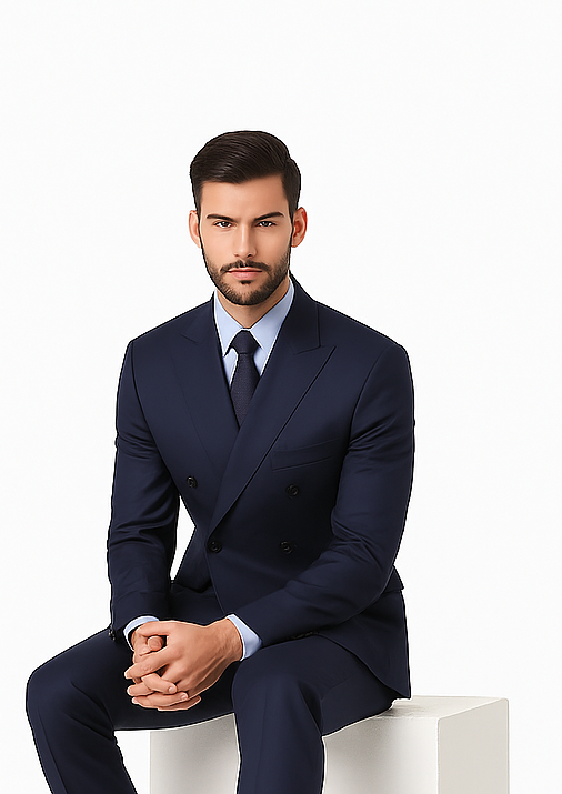 Navy Double Breasted Suits peak lapel wool front With Side Vent Jacket Pleated Pants suit