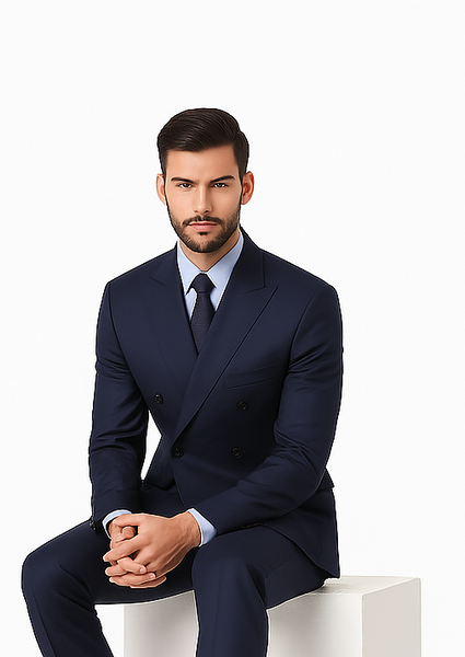 Navy Double Breasted Suits peak lapel wool front With Side Vent Jacket Pleated Pants suit