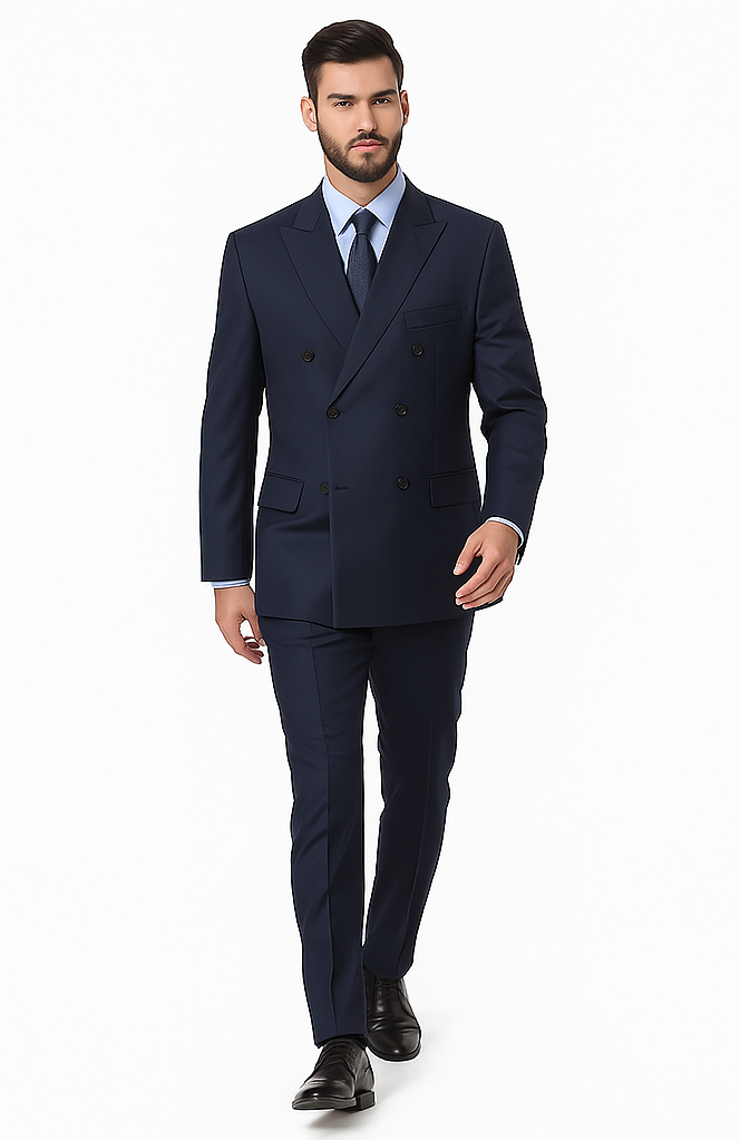 Navy Double Breasted Suits peak lapel wool front With Side Vent Jacket Pleated Pants suit